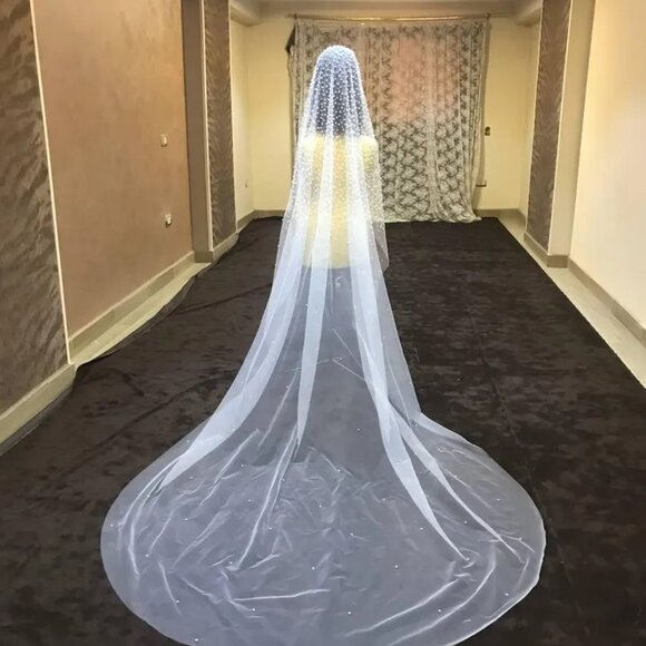 Bridal Veil With Pearls, Cathedral Length Beaded Pearl Veil